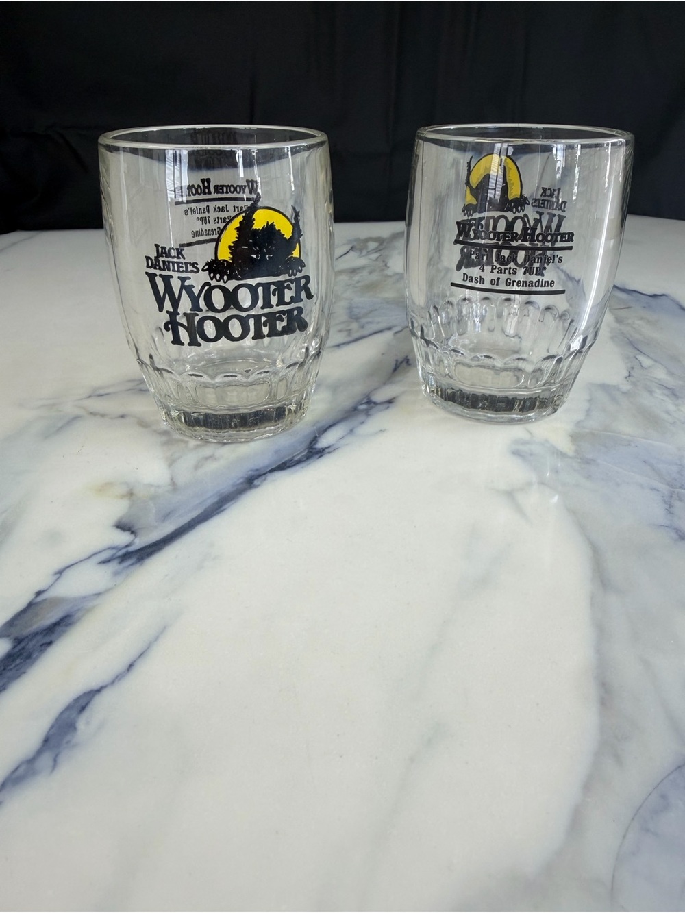 Jack Daniels Clear Glass Shot Tumblers with Black Logo and Yellow Moon Accent